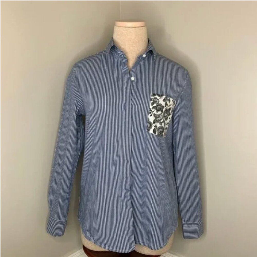 Thakoon Striped Button-Up Top with Floral Pocket Size Medium